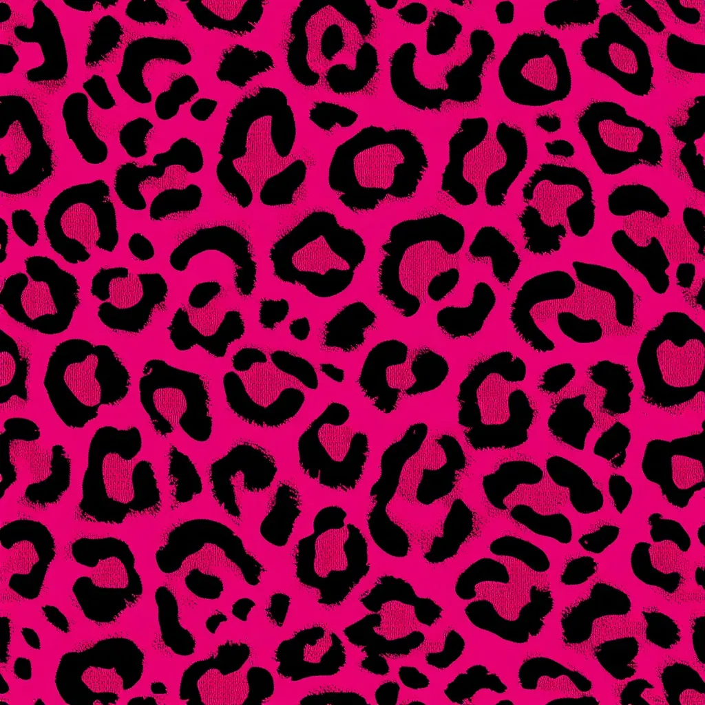 The image shows a seamless pattern of hot pink and black leopard print.  The black spots are irregularly shaped and resemble a cheetah or leopard's coat. The overall effect is bold and vibrant, suitable for fashion or textile design.  The pattern is consistent throughout, offering a repeating texture.