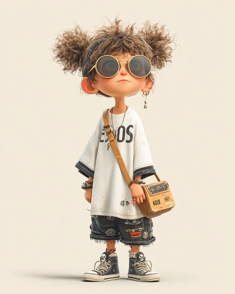 A 3D-rendered image of a stylized young girl.  She has curly brown hair in pigtails, oversized round sunglasses, and wears a loose white shirt with a graphic, dark denim shorts, and Converse-style sneakers.  She carries a small, worn messenger bag and wears various bracelets and a necklace.  The overall style is casual and slightly edgy, with a hint of grunge. The character's expression is serious.