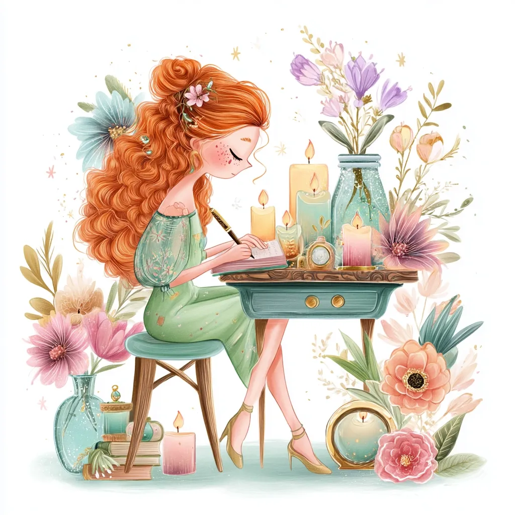 A whimsical illustration of a girl with long, curly red hair seated at a small desk amidst a profusion of flowers and lit candles.  She's wearing a mint green dress and is writing in a book.  The scene is soft and dreamy, with pastel colors and delicate floral details, creating a magical and enchanting atmosphere.  A collection of books and antique-looking items add to the scene's charm.