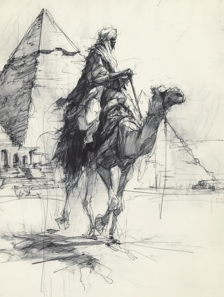 A sketch depicts a man in traditional Middle Eastern attire riding a camel.  The figure is rendered with loose, expressive lines, suggesting movement. In the background, the Great Pyramid of Giza is partially visible, establishing a desert setting. The overall style is impressionistic, prioritizing mood and gesture over precise detail. The scene evokes a sense of journey and ancient history.