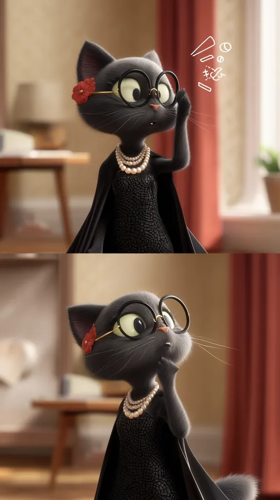 A charming, anthropomorphic black cat, elegantly dressed in a black dress and pearl necklace, is depicted.  She wears round glasses and a small red flower adorns her ear.  The cat appears thoughtful, perhaps pondering a question or idea, as suggested by her hand near her mouth and a visual cue of thought bubbles.  The setting is a sophisticated, home-like environment.