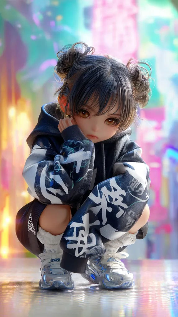 A digital rendering of a young girl with dark hair styled in topknots.  She's wearing a dark hooded sweatshirt adorned with stylized Asian characters and shiny silver sneakers.  Her pose is crouched, hands near her face, and she's set against a vibrant, blurred background of city lights and neon colors. The overall style is anime-inspired, with large expressive eyes and a cute, fashionable attire.