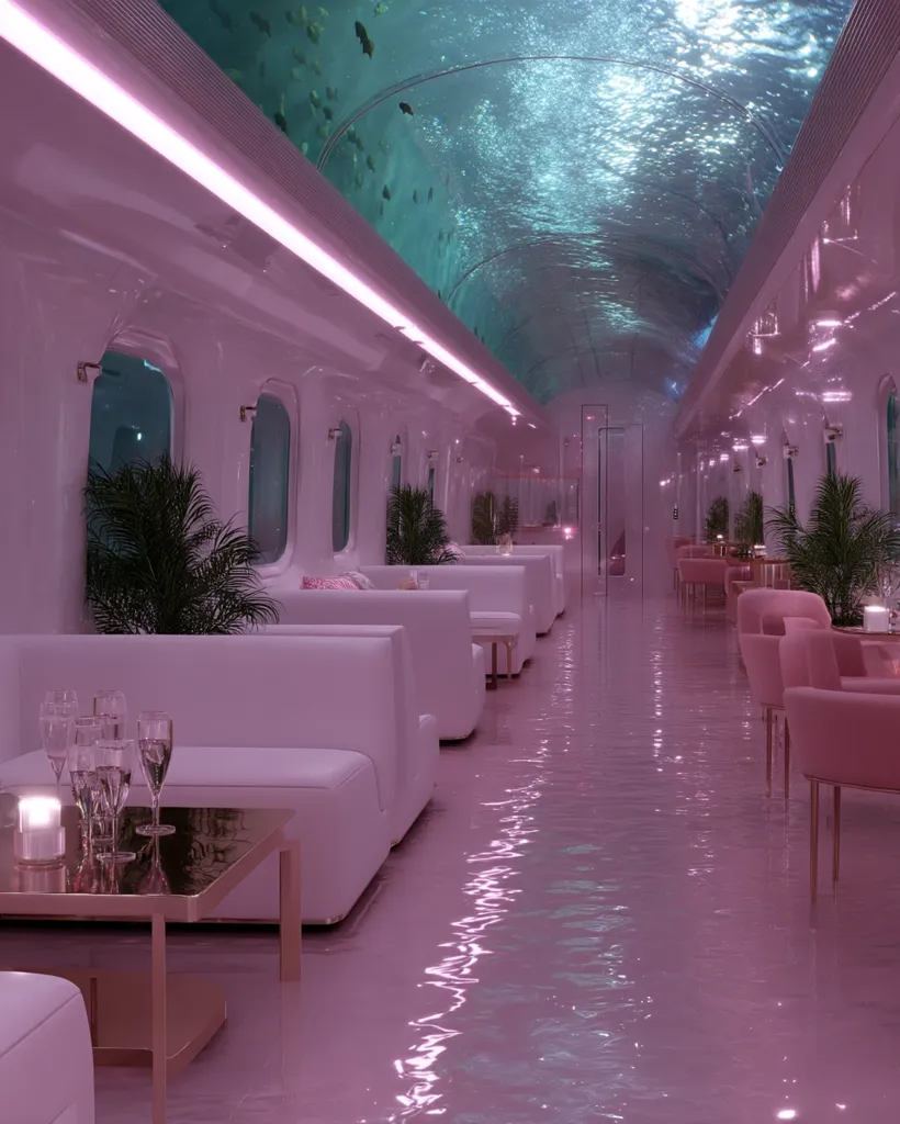 A luxurious train car features a stunning underwater ceiling, showcasing a vibrant marine ecosystem.  Soft pink seating and tables are arranged along the length of the car, creating an elegant and tranquil atmosphere.  The floor reflects the ambient lighting, enhancing the overall ethereal ambiance.  The design seamlessly blends underwater beauty with opulent comfort.
