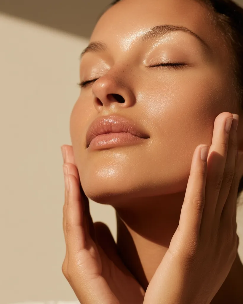 Close-up of a woman's face, eyes closed, gently touching her cheeks.  Her skin is radiant and glowing, appearing healthy and smooth.  Sunlight illuminates her features, highlighting her complexion.  The overall image evokes a feeling of serenity and natural beauty.