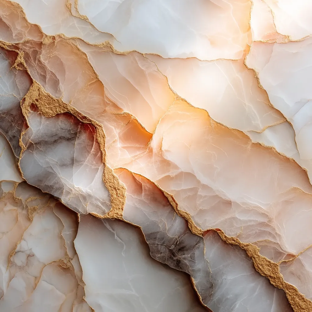 A close-up shot reveals an abstract image resembling marble.  The dominant colors are soft whites, creams, and peachy tones, accented by streaks of gold along the fractured veins. The texture appears smooth yet intricately veined, creating a luxurious and elegant effect.  The lighting highlights the depth and translucency of the material.
