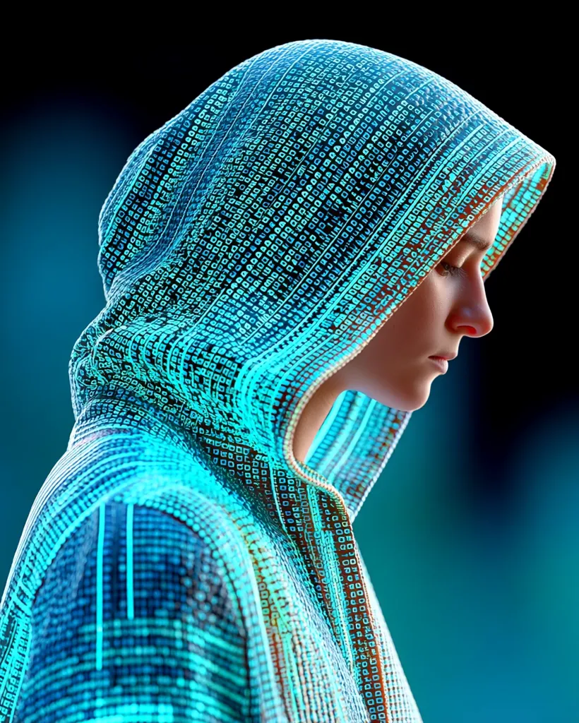 A stylized image depicts a person wearing a hooded jacket. The jacket is covered in glowing teal binary code.  The individual's face is partially visible, and they are looking down. The overall effect is one of mystery and digital technology. The dark background emphasizes the bright, luminescent code.
