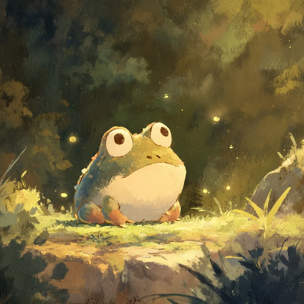 A plump, cartoonish frog with large, expressive eyes sits on a moss-covered rock, gazing upward.  The background is a softly painted, twilight forest scene, with glowing fireflies adding a magical touch. The overall style is whimsical and evokes a sense of peace and wonder.  The frog appears content and curious, observing the nocturnal activity around it.