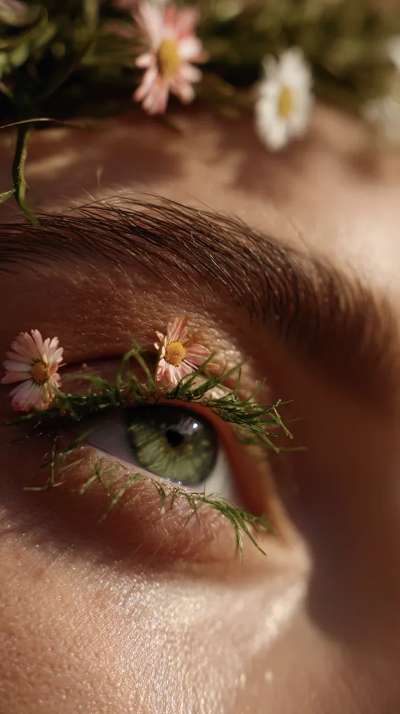 A close-up shot reveals a person's eye adorned with delicate, pastel pink flowers and sprigs of greenery, acting as eyelashes.  The flowers are subtly placed, enhancing the natural beauty of the eye. Soft sunlight illuminates the skin, creating a warm, ethereal glow. The overall aesthetic is one of natural beauty and delicate artistry.