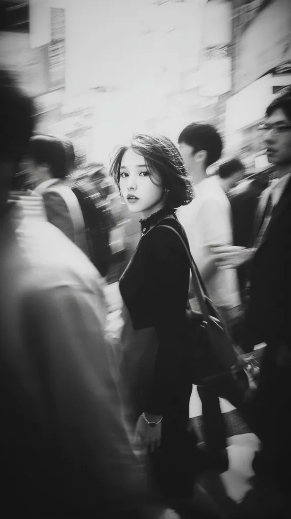 A young woman with short dark hair stands out in a bustling, blurred street scene.  She's dressed in a dark, stylish outfit and carries a shoulder bag.  The monochrome image emphasizes her serene expression against the dynamic background of moving people and city architecture, creating a captivating contrast of stillness and motion. The overall mood is one of quiet contemplation amidst urban energy.