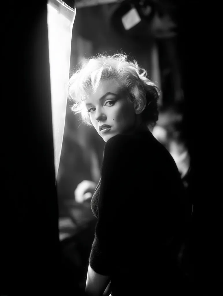 A black and white portrait of Marilyn Monroe.  She's looking over her shoulder, her blonde hair styled in soft waves.  She wears a dark, possibly black, sweater. The background is dark and indistinct, suggesting a backstage or dimly lit setting.  The lighting highlights her face and hair, creating a dramatic effect.  The overall mood is one of alluring mystery.