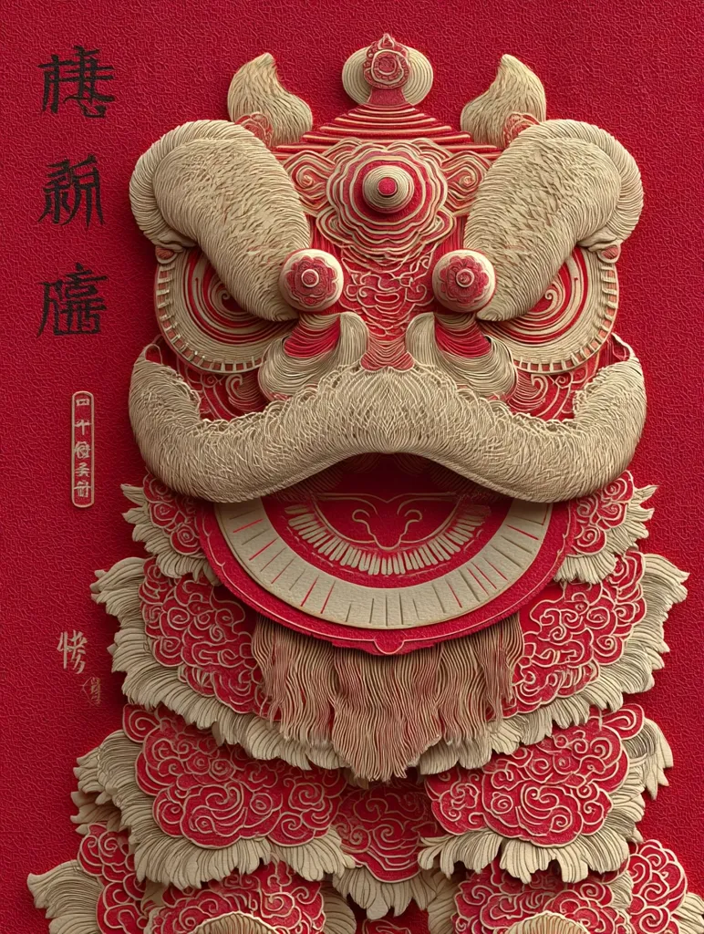 A detailed close-up of an intricately designed lion dance mask.  The mask is predominantly red and beige, with layered textures and ornate patterns.  The style is reminiscent of traditional Chinese paper-cutting art, showcasing a three-dimensional effect.  The mask's features are highly stylized, emphasizing its symbolic power and festive nature.  Chinese characters are visible on the left, likely relating to the New Year or the lion dance.