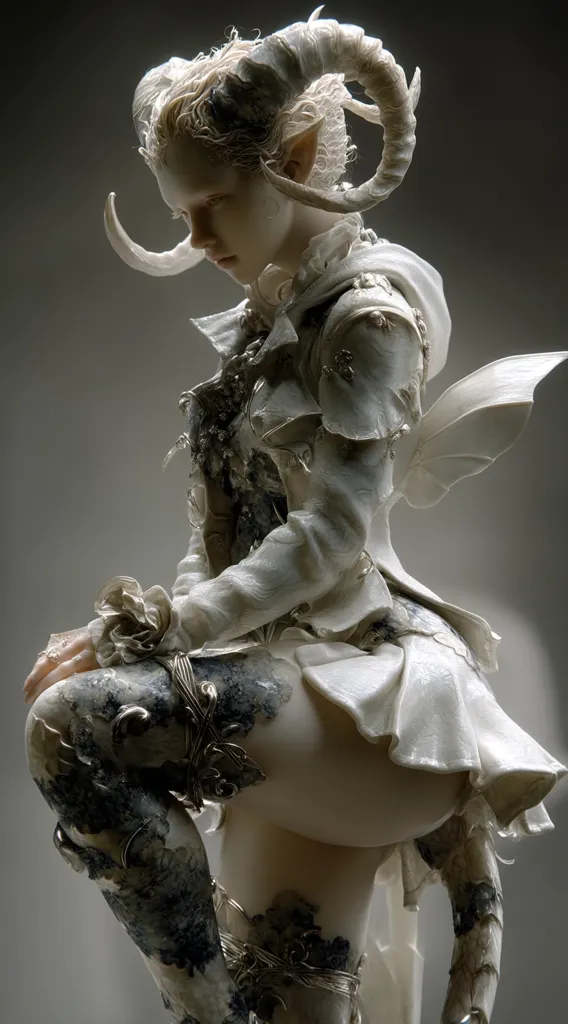 A meticulously sculpted figurine depicts a pale, ethereal female figure with ram horns and elf-like ears.  She's adorned in an ornate, white, almost tattered, dress and intricately detailed armor.  The figure's posture is demure, her gaze cast downward, adding to the mysterious and otherworldly ambiance.  Dark, mottled accents on her leg armor and dress provide a striking contrast to the predominantly white palette.  The overall aesthetic is gothic and fantastical.