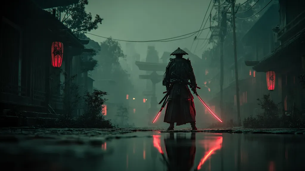 A lone samurai, cloaked in darkness, stands in a rain-slicked alley of a misty Japanese town.  Red lanterns glow faintly from buildings lining the street, casting an eerie light.  The samurai's two katanas, emitting a vibrant red glow, are sheathed, their reflection mirrored in the puddles at his feet.  The atmosphere is tense, suggesting a moment of quiet contemplation or anticipation before action.
