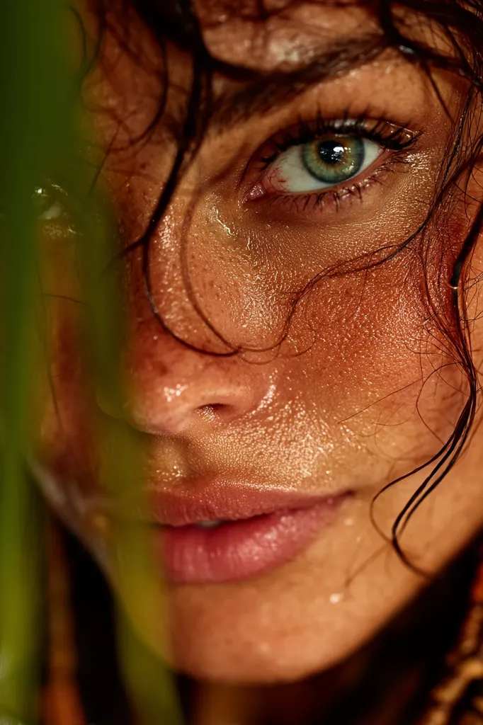 Close-up of a woman's face, glistening with sweat.  Her dark hair is wet and clings to her skin.  One eye, with striking green iris, is fully visible, while the other is partially obscured by a blurred green leaf. Her skin is sun-kissed and her expression is serious and intense. The image evokes a feeling of heat and humidity.