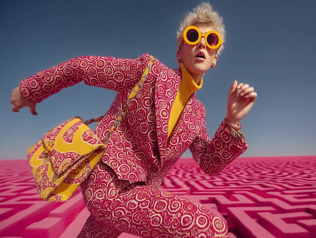 A fashion model, sporting blonde hair and oversized yellow sunglasses, runs through a pink maze. They are dressed in a vibrant red and yellow patterned suit and carries a matching bag. The overall aesthetic is bold, playful, and slightly surreal, creating a dynamic and eye-catching image.