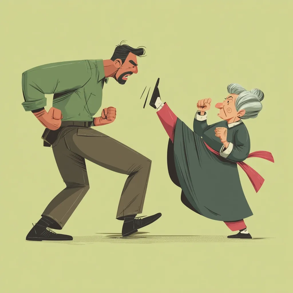 An illustration depicts a furious man yelling at an elderly woman who is delivering a powerful, airborne kick to his chin.  The woman, dressed in a traditional-style robe, displays a determined expression. The man is startled, and the dynamic scene suggests a humorous power imbalance and unexpected retaliation. The style is cartoonish yet expressive.