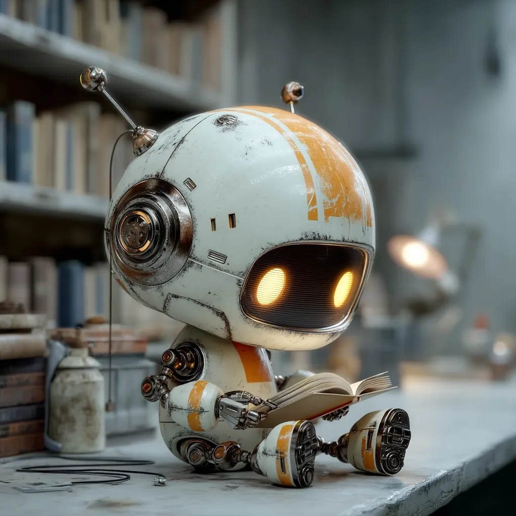 A charming, vintage-style robot sits on a surface, engrossed in reading a book. Its white body is accented with orange stripes and shows signs of wear, adding to its character.  The robot has glowing eyes and intricate mechanical details.  The background features a blurred bookshelf, suggesting a library or study setting.  The overall scene is peaceful and evokes a sense of curiosity and intelligence.
