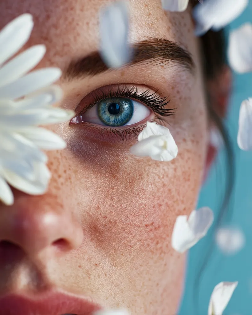 A close-up shot of a woman's face, partially obscured by white flower petals.  Her bright blue eye is visible, accentuated by dark lashes.  Freckles are subtly scattered across her light skin. The overall aesthetic is soft, natural, and emphasizes beauty and purity.  The background is a muted teal.