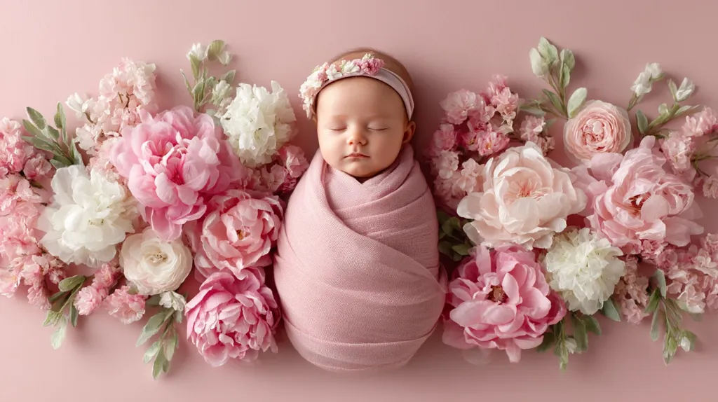 A newborn baby girl, wearing a pink floral headband, sleeps soundly nestled in a pink wrap.  She is surrounded by a profusion of delicate pink and white flowers, creating a soft and romantic scene. The overall color palette is soft pinks and whites, enhancing the peaceful and serene atmosphere.