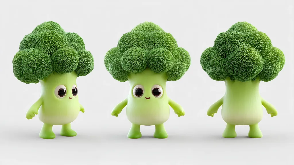 Three adorable broccoli characters are shown from different angles.  Each has a large, textured broccoli head and a small, light green body with short legs and arms.  Their large eyes and cheerful expressions give them a cute, cartoonish appearance. They are arranged against a plain white background.