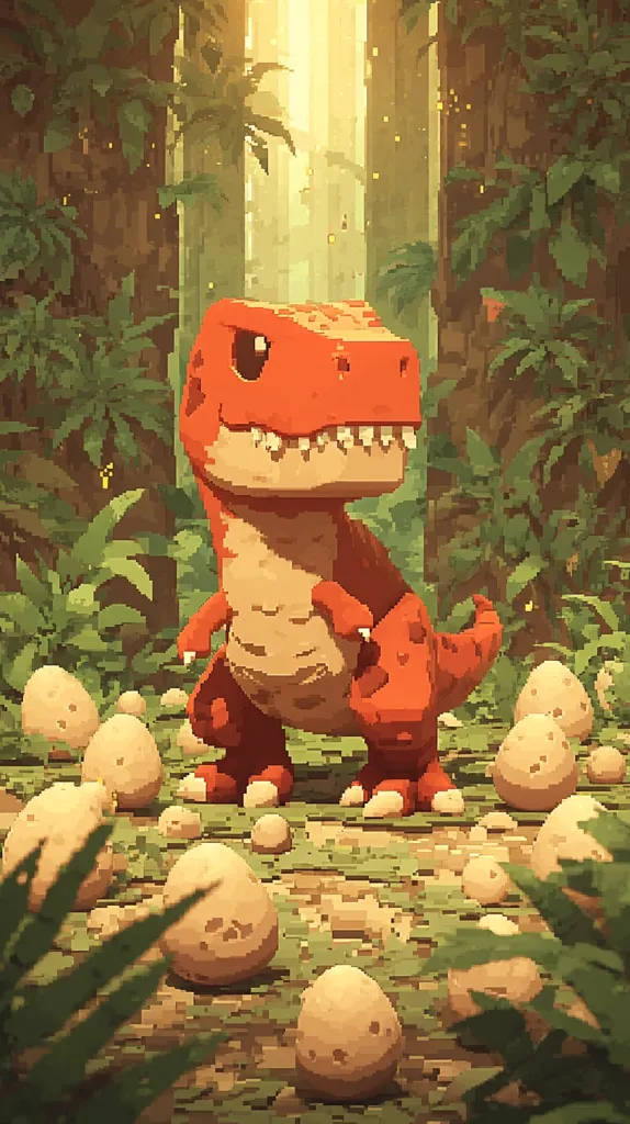 A pixel art illustration depicts a cute, reddish-orange baby T-Rex standing amidst numerous pale beige eggs scattered on the forest floor.  The dinosaur has large, expressive eyes and a friendly demeanor. Sunlight filters through the lush green foliage of the surrounding trees, creating a warm, inviting atmosphere.  The overall style is reminiscent of a video game or children's book.