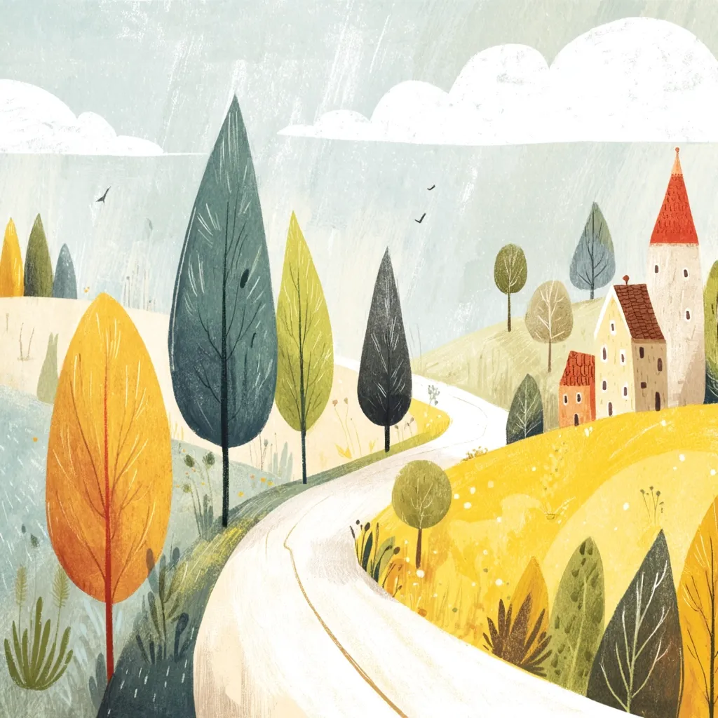A whimsical illustration depicts a winding road snaking through a vibrant autumnal landscape.  Stylized trees in various shades of green and yellow flank the path, leading to a small village nestled on a hill.  Houses with red-tiled roofs and a tall church steeple are visible, under a light grey sky with fluffy clouds. The overall style is soft and dreamlike, evoking a sense of peaceful tranquility.
