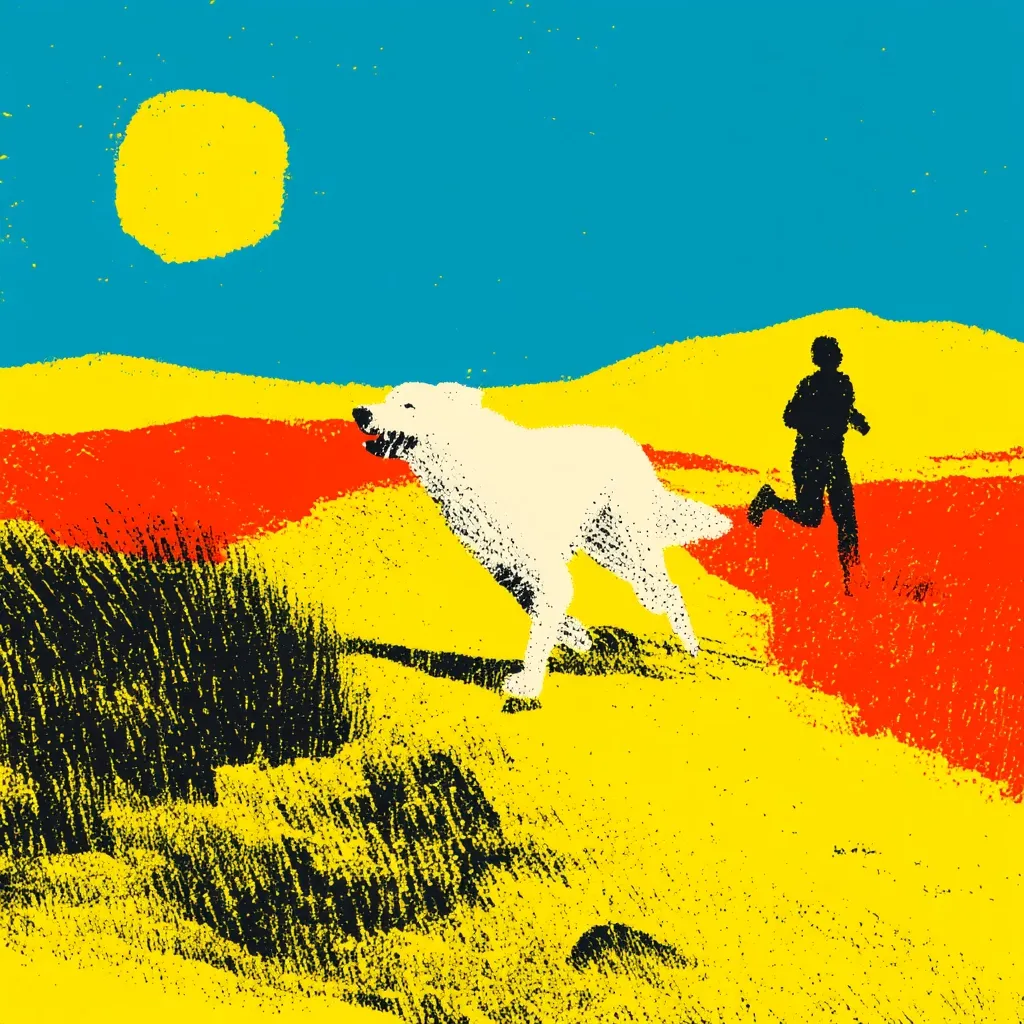 A stylized image depicts a white wolf running across a vibrant yellow and red landscape under a bright yellow sun and a teal sky. A black silhouette of a person runs in the background, creating a sense of pursuit or escape. The bold colors and textured style evoke a feeling of movement and intensity.