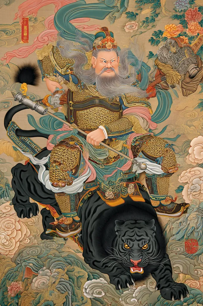 A vibrant painting depicts a powerful deity, possibly a Chinese god, astride a fierce black tiger.  He's clad in ornate, gold-detailed armor, his long white beard flowing. He wields a long spear, and his expression is stern.  The background features swirling clouds and blossoming flowers, enhancing the mythical atmosphere. The artwork is rich in detail and color, showcasing traditional Chinese painting techniques.