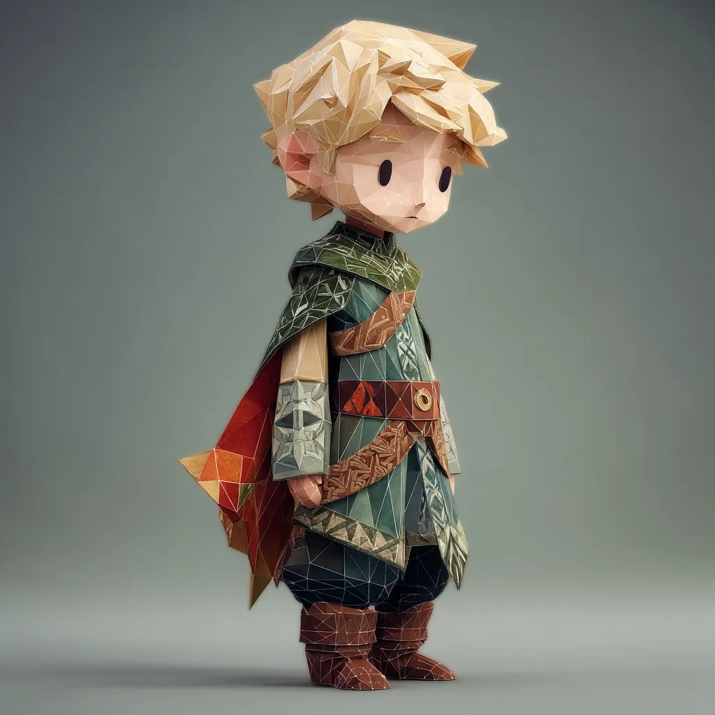 A low-poly 3D render depicts a young boy, possibly a stylized Link from the Legend of Zelda series.  He has blond hair, a pensive expression, and wears a detailed, textured tunic and cape in earthy tones.  The polygonal style gives him a unique, almost paper-craft appearance. The image is set against a neutral gray background.