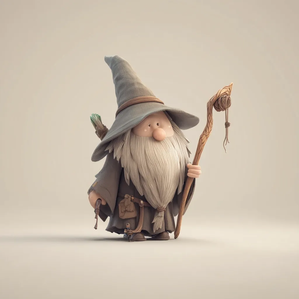 A charming, stylized rendering of a gnome wizard.  He's depicted with a large, pointed hat, a flowing grey beard, and a simple, rustic staff.  He carries a small quiver on his back and wears a brown robe cinched at the waist. The gnome's expression is friendly and whimsical, set against a muted beige backdrop.  The overall style is reminiscent of fantasy illustration or character design.