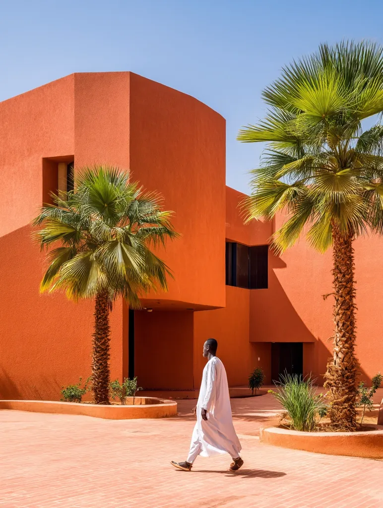 A man in a long white robe walks across a terracotta-colored courtyard.  Two palm trees flank a vibrant orange building with a modern, geometric design. The bright sunlight and clear blue sky create a striking contrast with the warm hues of the architecture and the man's clothing.  The scene evokes a sense of calm and tranquility in a hot, arid climate.