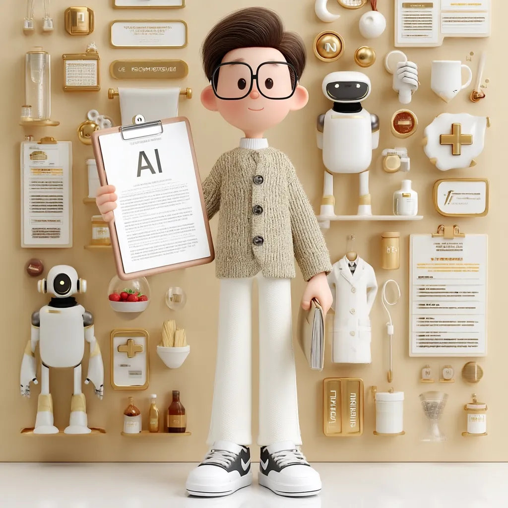 A 3D-rendered cartoon boy, wearing glasses and a beige cardigan, stands holding a clipboard displaying "AI."  He's surrounded by a beige wall adorned with various gold-accented medical and scientific paraphernalia, including small robots, lab equipment, and documents.  The overall aesthetic is clean, modern, and subtly futuristic, suggesting a theme of AI in healthcare or science.
