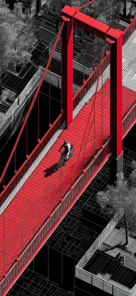 A cyclist rides across a vibrant red suspension bridge, its structure sharply contrasting against the monochrome urban landscape below. The bridge's design is clean and modern, with geometric lines and a striking red color. The surrounding buildings and trees are rendered in stark black and white, emphasizing the bridge as the focal point of the image.  The overall style is minimalist and graphic, creating a visually compelling scene.