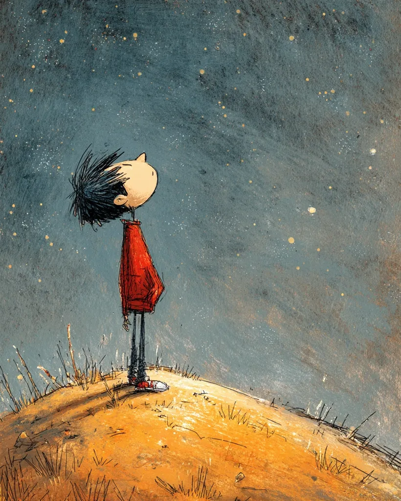 A stylized illustration depicts a young boy, clad in a red sweater and sneakers, standing atop a small hill, his gaze directed upwards towards a night sky speckled with stars. The artistic style is expressive and slightly rough, with visible brushstrokes contributing to the image's texture. The color palette is muted, with earthy tones dominating the landscape and a dark, cool blue for the night sky.  The overall mood is one of quiet contemplation and wonder.