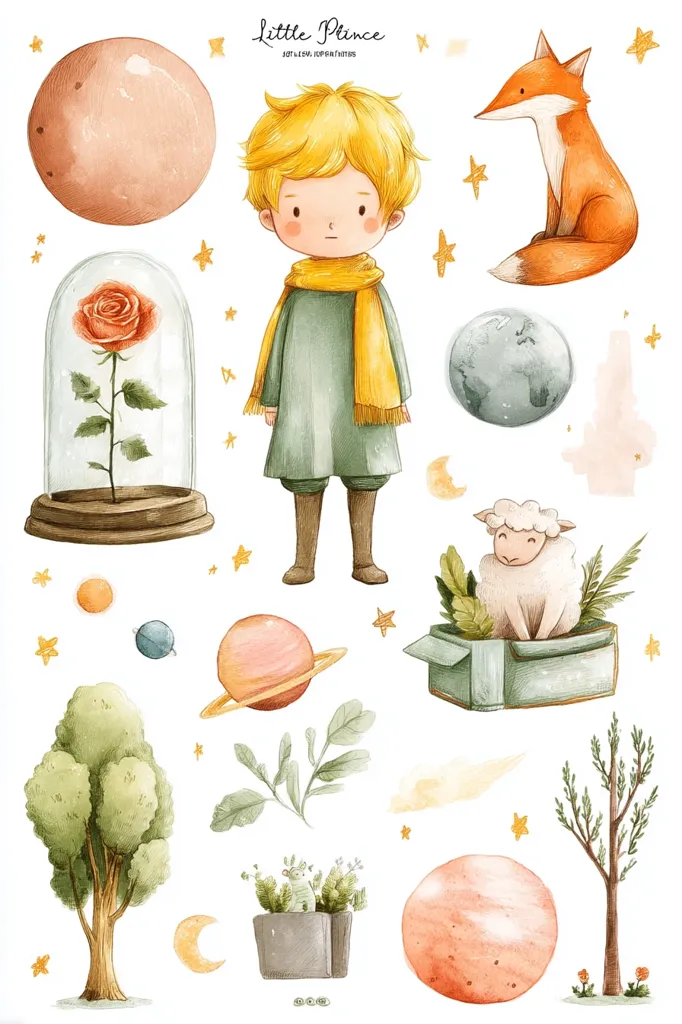 A charming watercolor illustration featuring elements from "The Little Prince."  The blonde-haired prince stands center, surrounded by his rose under a glass dome, a fox, a sheep in a box, planets, trees, and stars.  The soft colors and whimsical style evoke the story's magical atmosphere.  It's a collection of delightful, fairytale-like imagery.