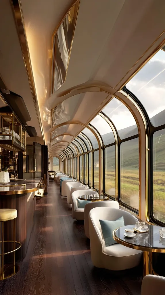 A luxurious train car boasts a long, elegant lounge area.  Large arched windows offer panoramic views of a passing landscape.  Soft, cream-colored seating with teal cushions is arranged around small tables. A polished dark wood floor and gold accents add to the opulent atmosphere.  A bar is visible on the left, adding to the refined ambiance of this upscale railway carriage.