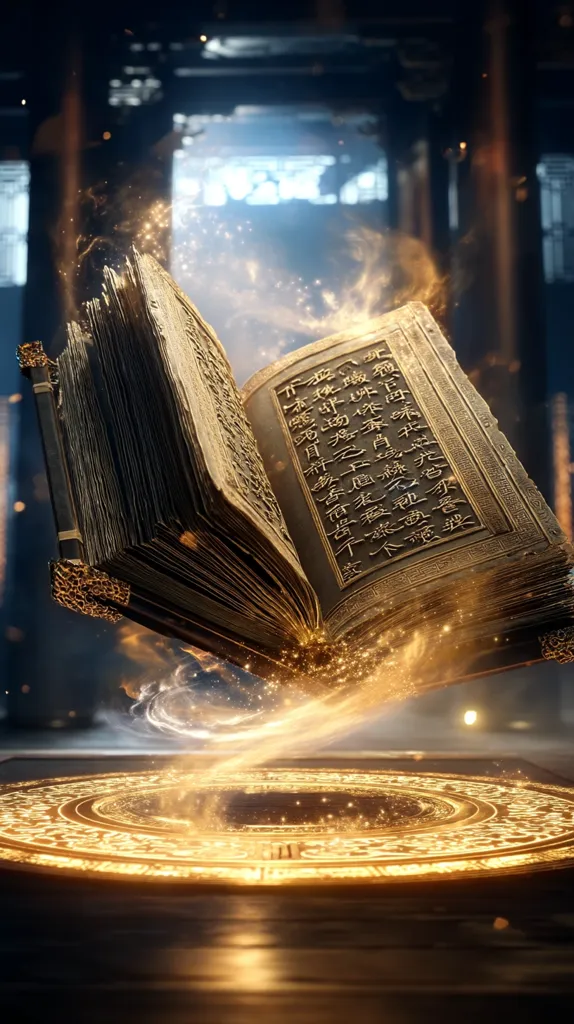 An ancient, ornate book, filled with golden script in an unknown language, levitates above a golden circular sigil.  Glowing particles emanate from the book, suggesting magic or mystical power. The background is a dimly lit, ornate chamber, enhancing the book's ethereal presence. The scene is richly detailed and evocative of fantasy or mythology.