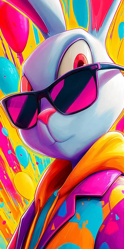 A vibrant, stylized illustration of a rabbit wearing pink sunglasses.  The rabbit's face is partially visible, its expression cool and confident.  The background is a dynamic splash of bright colors, including pinks, oranges, yellows, and blues, with balloons floating around.  The overall style is bold and energetic, with a pop art feel.