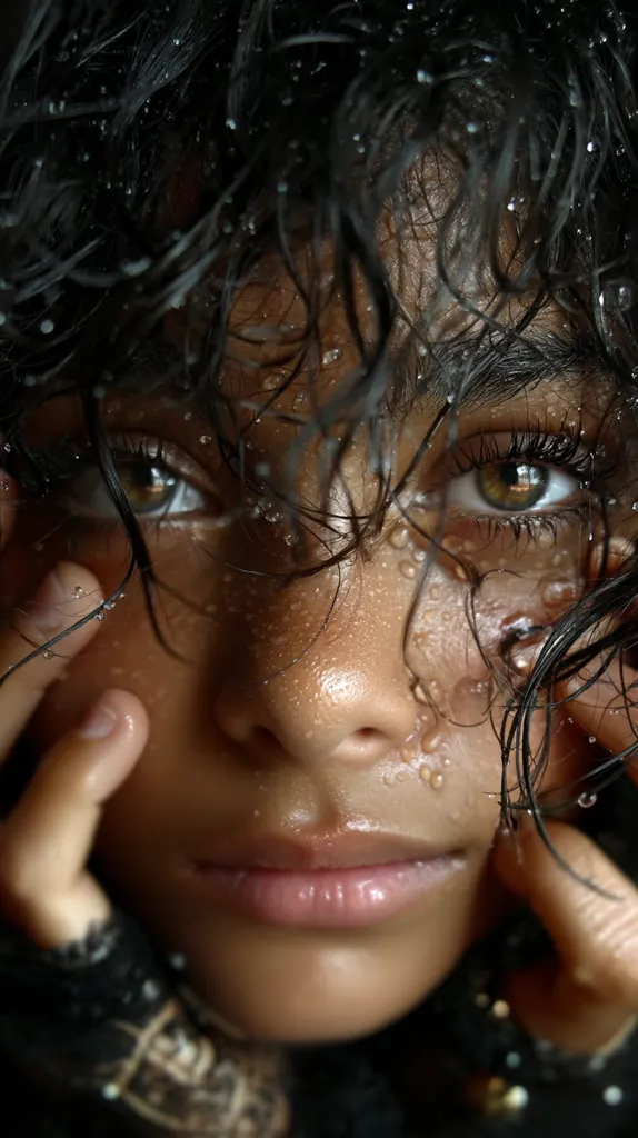 Close-up portrait of a young woman with dark, wet hair clinging to her face. Water droplets cover her skin, highlighting her features.  Her expression is serious, almost pensive.  Her hands gently frame her face, adding intimacy to the image. The overall mood is moody and evocative.
