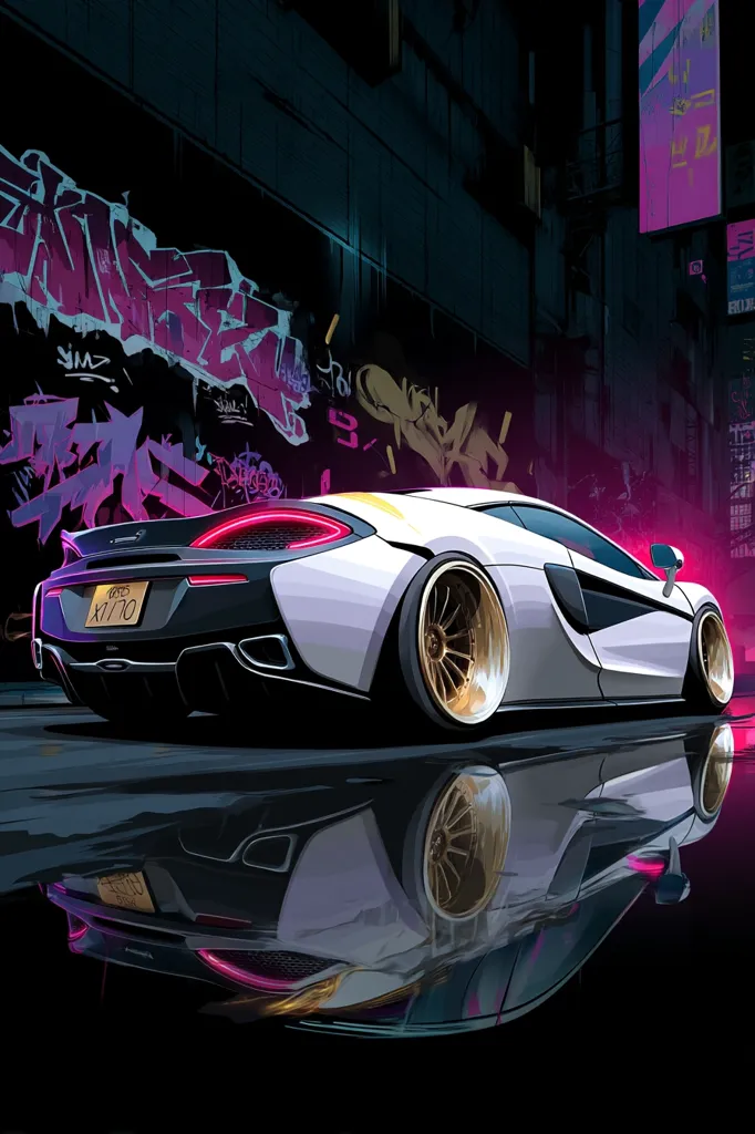 A sleek, white McLaren 570S sports car is parked on a neon-lit city street, its reflection mirroring perfectly in a wet road.  The backdrop features vibrant graffiti art on a dark building, creating a striking contrast with the car's polished finish and gold rims. The overall scene evokes a futuristic, urban aesthetic.