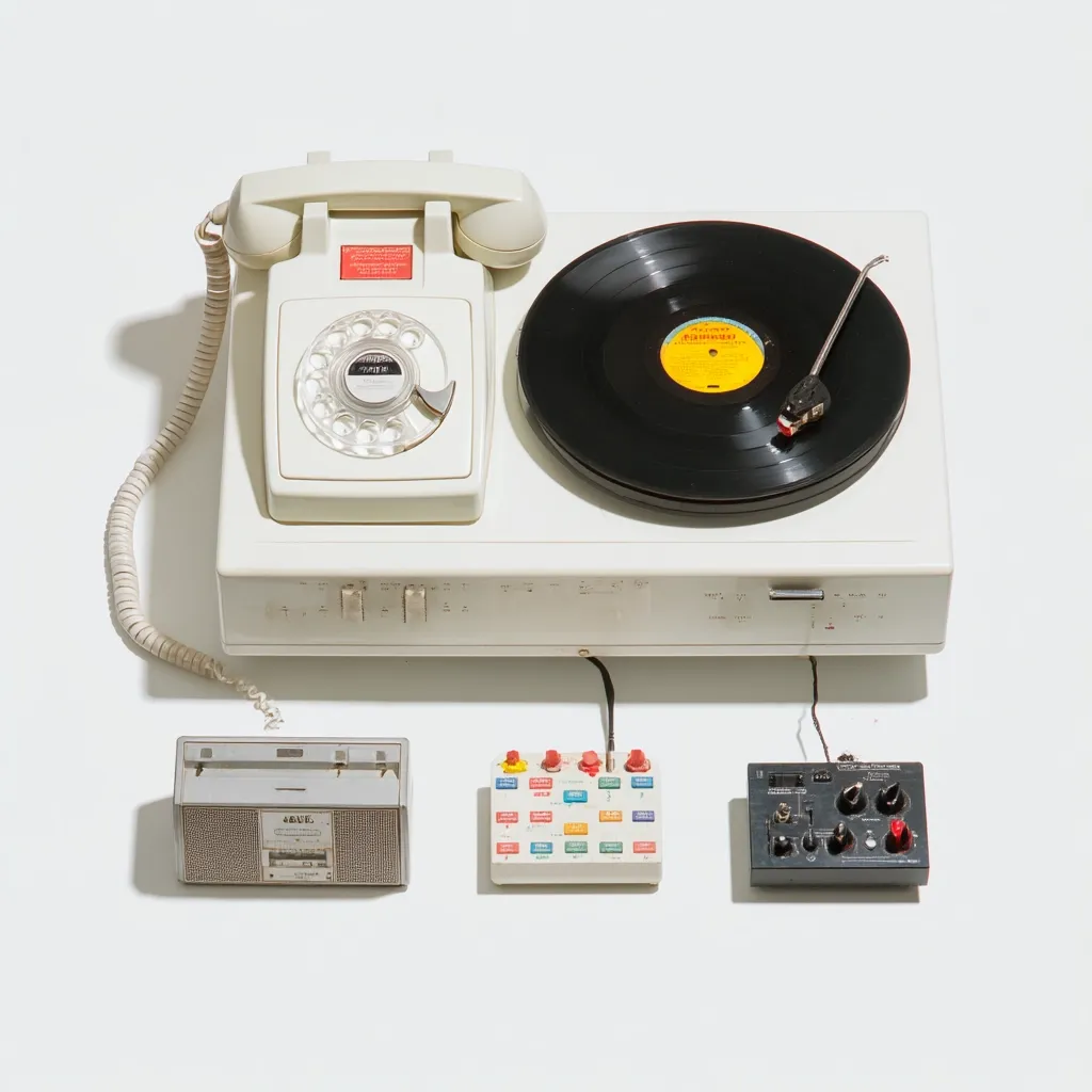 A vintage audio setup featuring a rotary dial telephone integrated with a turntable, a small cassette player, and two control boxes. The color scheme is predominantly off-white, with black accents from the turntable and control box. The devices are neatly arranged on a white background, suggesting a studio or display setting.  The image evokes a retro aesthetic, emphasizing a unique blend of communication and music technology.