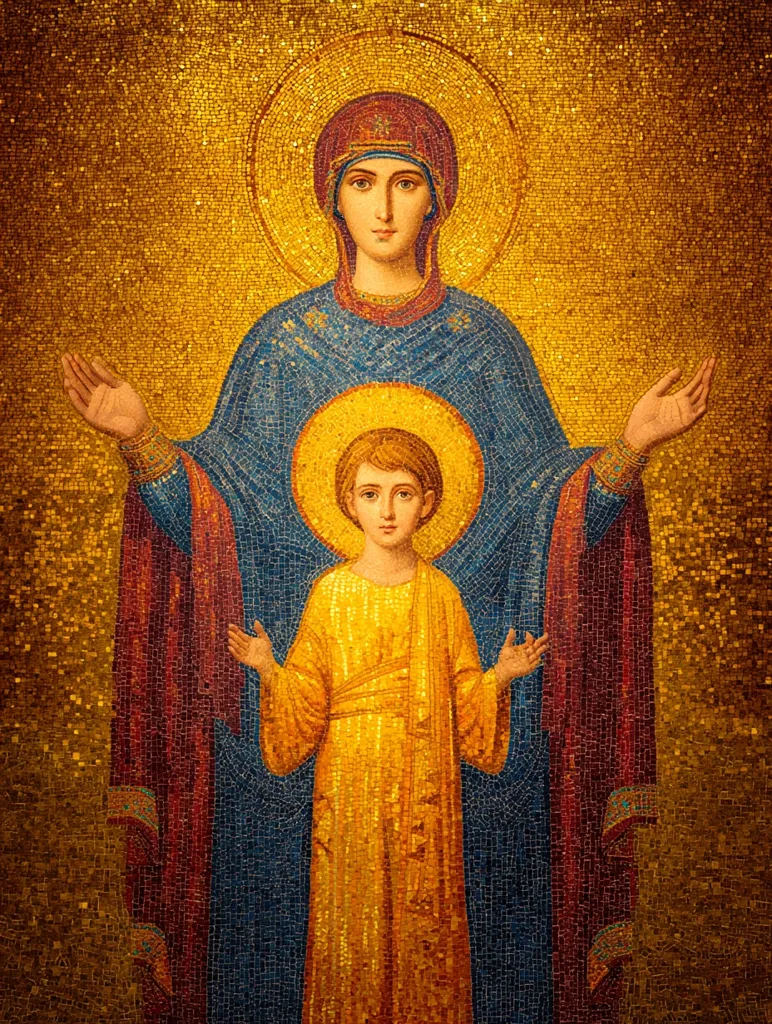 A stunning mosaic depicts the Virgin Mary and the Christ Child. Mary, in a blue robe with maroon accents, extends her arms outwards in a gesture of blessing.  The Christ Child, dressed in gold, stands before her, also with arms outstretched. The intricate mosaic, set against a shimmering gold background, is a beautiful example of religious art.  The expressions on their faces are serene and compassionate.