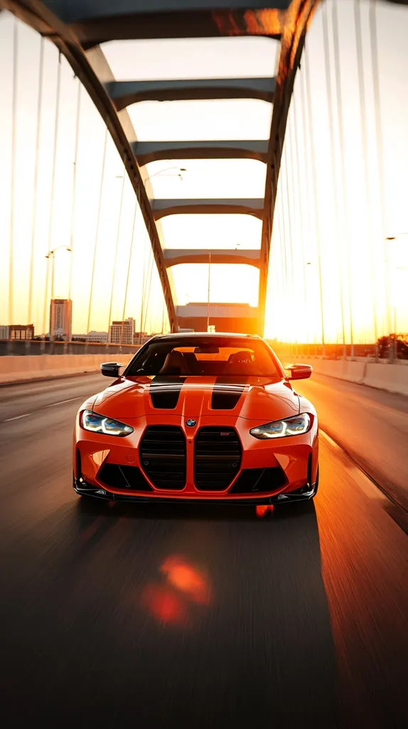 A vibrant orange BMW M4 drives across a bridge at sunset. The car's sleek design and bold color are highlighted by the warm, golden light.  The bridge's architectural structure provides a dramatic backdrop, emphasizing the car's speed and power as it moves across the road. The overall image is sharp and dynamic, conveying a sense of motion and excitement.