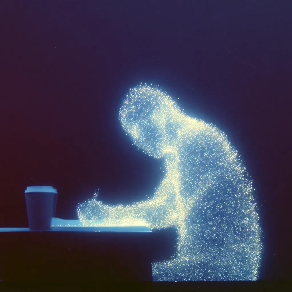 A luminescent, ethereal figure, composed of countless shimmering particles, is depicted hunched over a desk, seemingly writing.  A disposable coffee cup rests beside a piece of paper on the dark surface. The image evokes a sense of late-night work or deep concentration, the glowing figure almost otherworldly in its composition against the dark background.  The overall mood is one of quiet contemplation and creative endeavor.