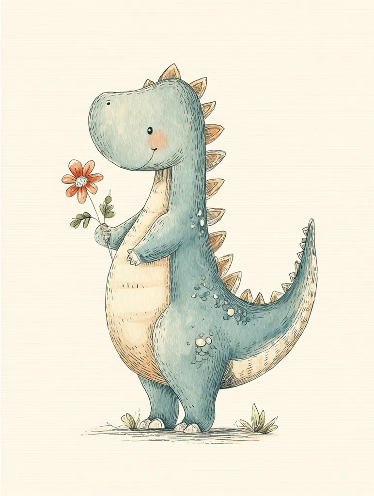 An adorable illustration showcases a charming blue dinosaur delicately holding an orange flower.  The dinosaur, rendered in a watercolor style, boasts a friendly expression and subtly textured skin.  Its design is simplistic yet endearing, perfect for children's books or nursery decor.  The overall tone is gentle and whimsical, creating a heartwarming image.