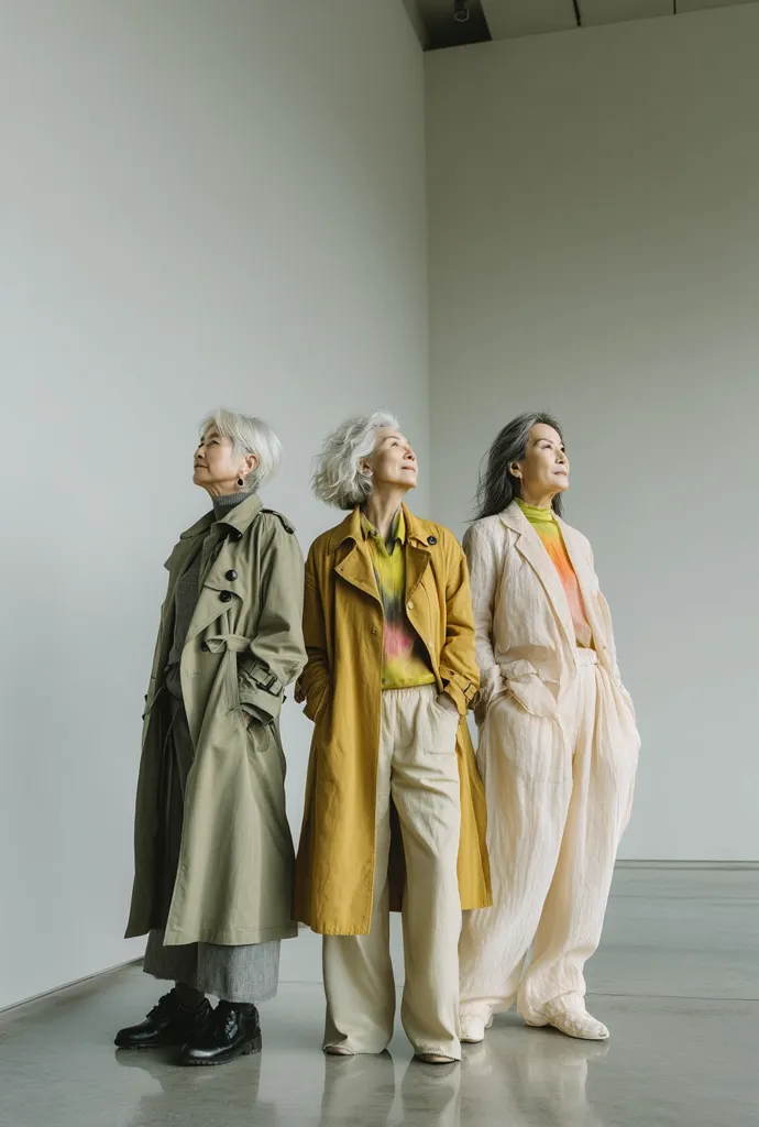 Three stylish older women with silver hair stand in a row against a white wall, gazing upwards.  Each is dressed in a long, loose-fitting coat of a different muted color: olive green, mustard yellow, and creamy beige.  Their pants are wide-legged and complement their coats, creating a cohesive and elegant ensemble.  They project a sense of calm confidence and shared experience.