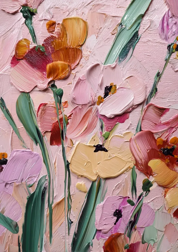 A vibrant impasto painting showcases a profusion of flowers in varying shades of pink, orange, and yellow.  The artist uses thick, textured brushstrokes to create a sense of movement and depth, emphasizing the blossoms' soft petals and contrasting greens of the stems and leaves.  The overall effect is a joyful and expressive celebration of floral beauty.