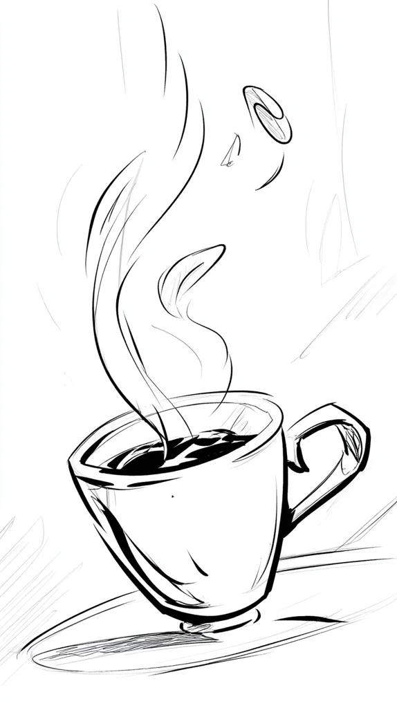 A sketch of a steaming cup of coffee.  The drawing is expressive and loose, with swirling lines depicting the steam rising from the dark liquid inside a simple, elegant cup resting on a saucer.  Coffee beans appear to be floating in the steam. The style is reminiscent of a quick, informal illustration.