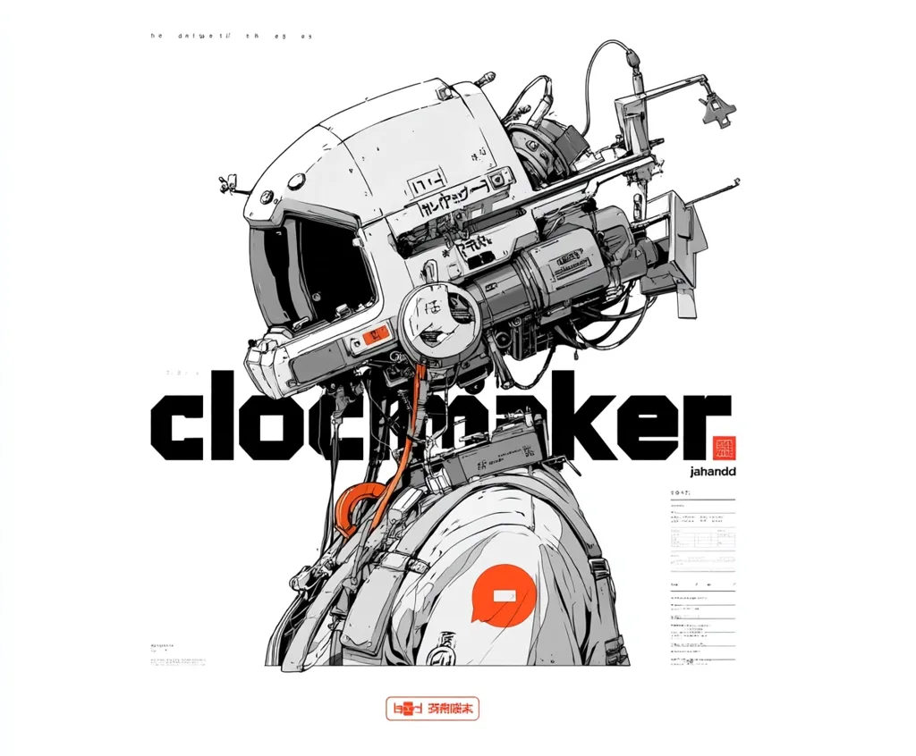 A striking monochrome illustration titled "Clockmaker" depicts a futuristic robot or astronaut.  The intricate design showcases a large, helmet-like headpiece packed with technological details, connected to a body clad in a worn, utilitarian suit.  The artist's signature, "jahandd," and additional text are subtly incorporated into the composition, creating a visually captivating blend of mechanics and artistic flair.  The overall style is reminiscent of cyberpunk or science fiction artwork.