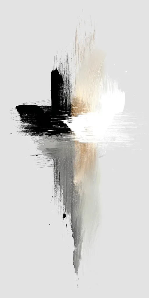 An abstract art piece featuring a central vertical element composed of layered brushstrokes.  Black, grey, and beige tones blend and overlap, creating a sense of depth and movement. The strokes are expressive and textured, with varying densities and directions, suggesting fluidity and energy. The overall effect is both striking and serene, a harmonious composition of contrasting colors and forms.